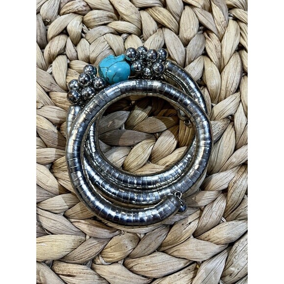 Skull Turquoise Stone Silver Tone Wire Wrapped Cuff Bracelet Whimsigoth Punk - Picture 6 of 8